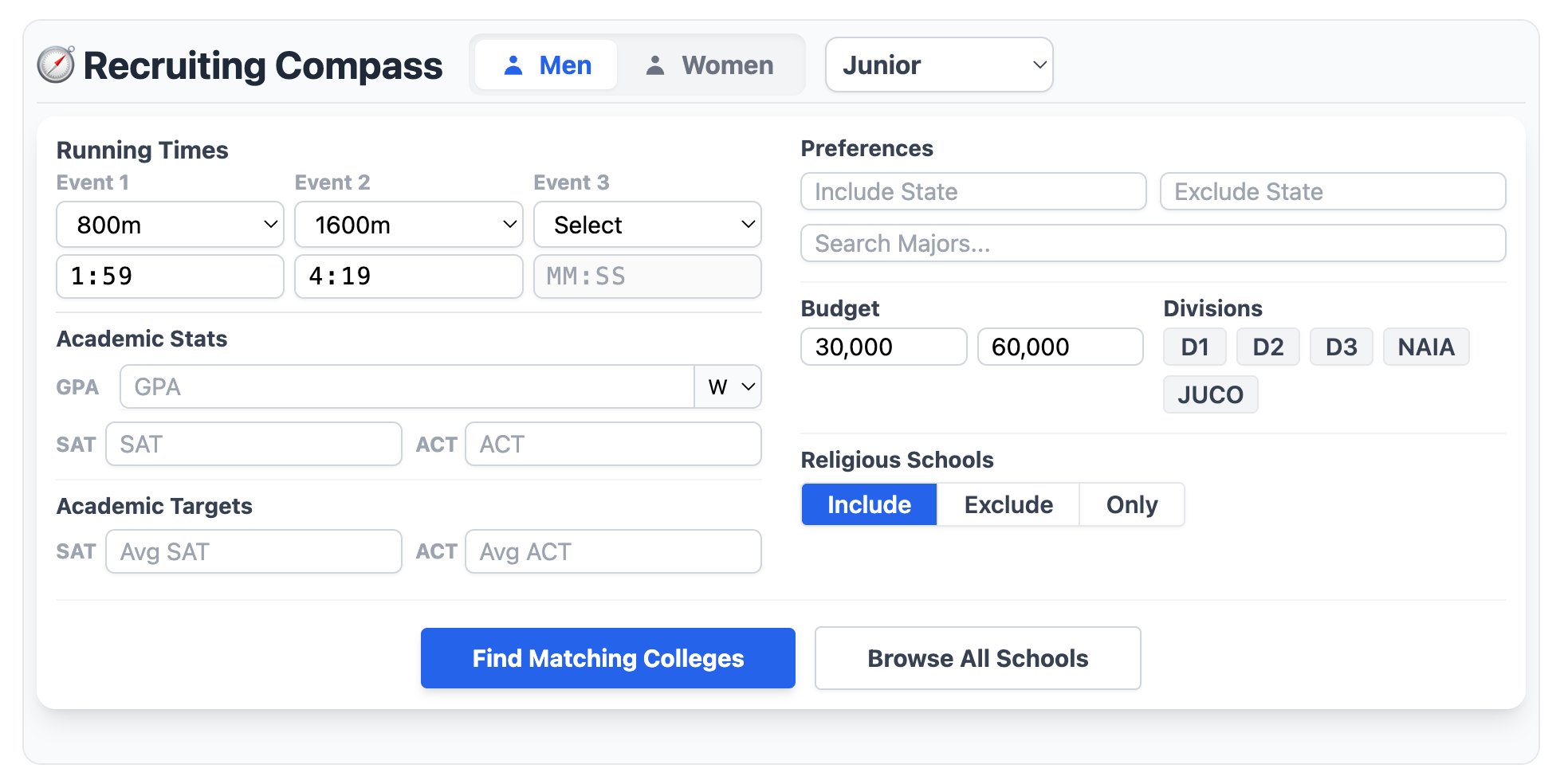 The Compass &mdash; enter your athlete&rsquo;s times, GPA, and budget