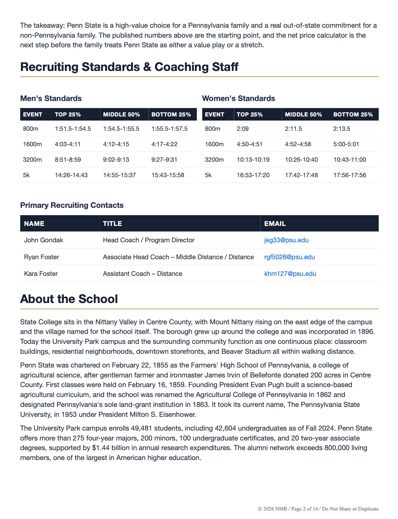 Penn State school report &mdash; recruiting standards and coaching staff